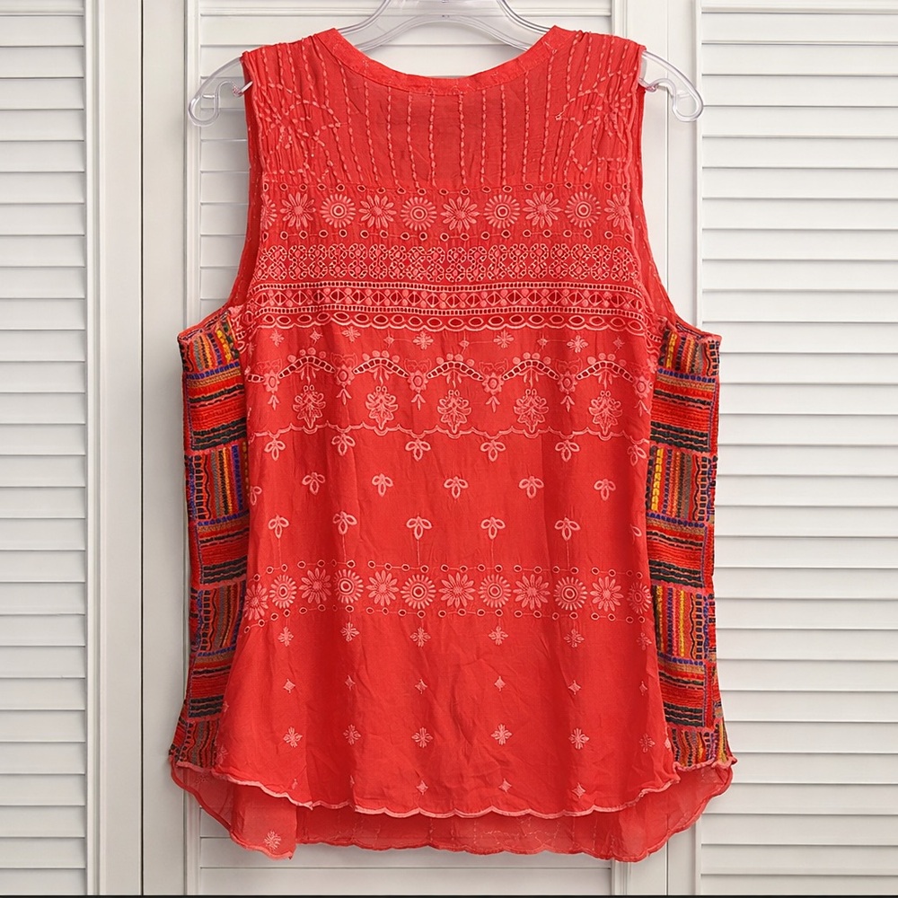 Johnny Was Embroidered Boho Sleeveless Top coral Floral Cotton Blouse Medium - Picture 4 of 10